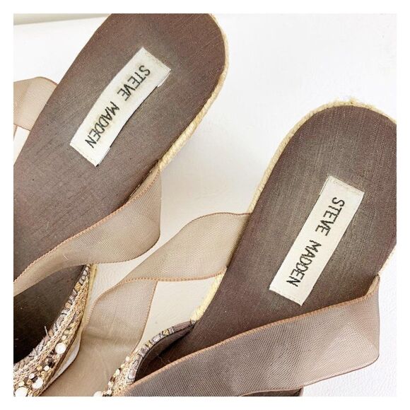 Steve Madden taupe Pearl/Bead/Crystal Embellished Wedge Ankle Wrap Boho Espadril - Picture 9 of 15